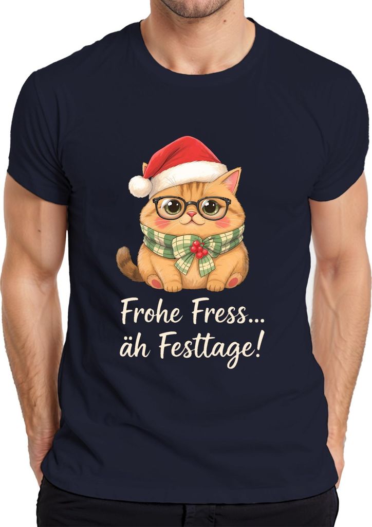 Frohe Fress äh Festtage Weihnachtskatze lustig Geschenk Niedlich Herren T-Shirt, Navy, XXL