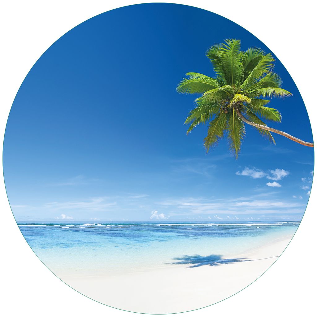Wallario Premium Glasbild, freischwebende Optik, kräftige Farben, rund 50cm Durchmesser, Motiv Weißer Sandstrand am Meer - Ein Traum unter Palmen