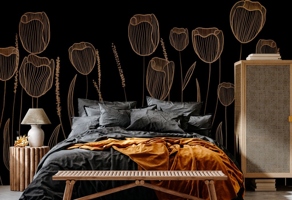 Vlies Fototapete Blumen 400x280 cm Tapeten Wandtapete XXL Pflanzen Natur Boho lineare Zeichnung schwarz gold b-A-10288-a-b