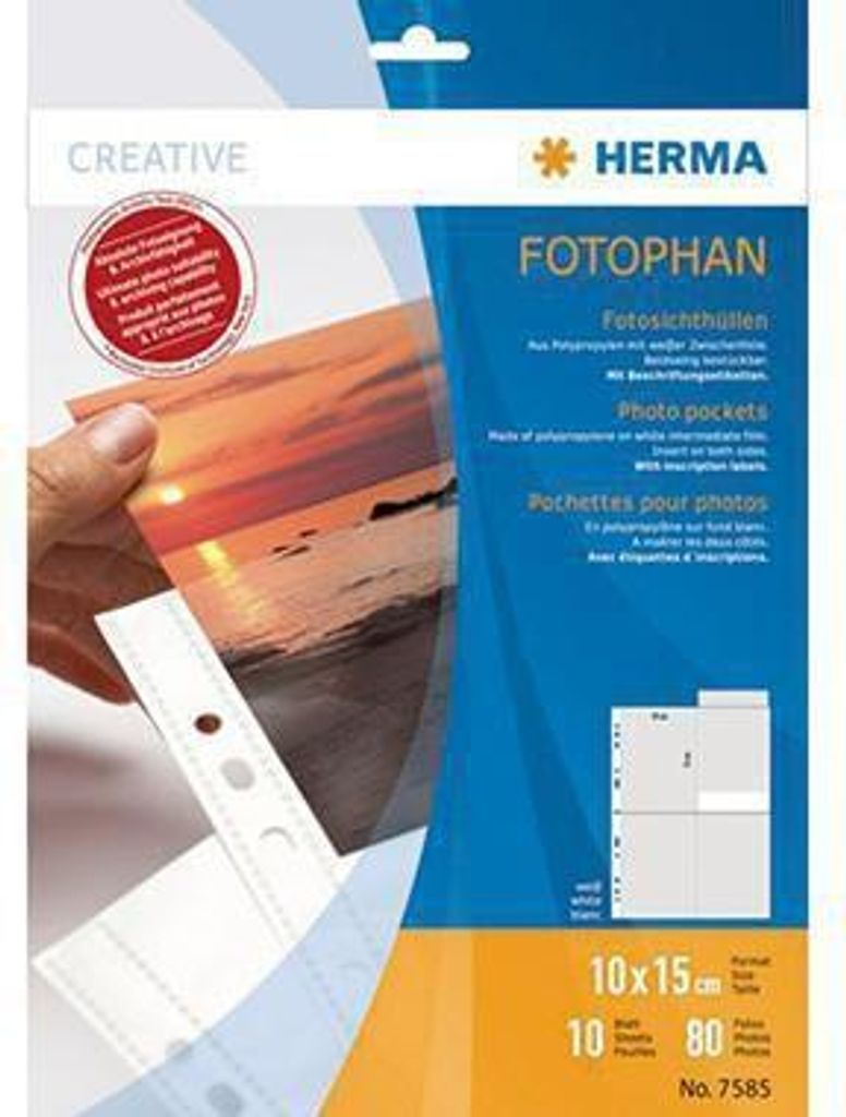 A product package for photo pockets, with a hand holding a photo partially inserted into one of the pockets.