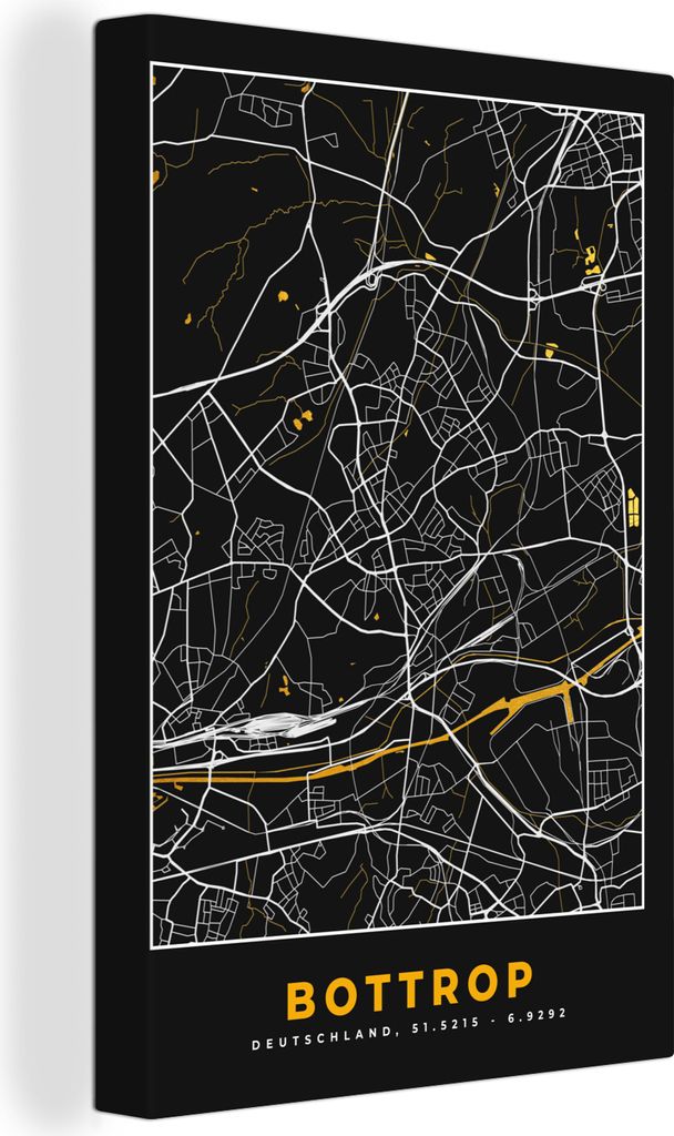 OneMillionCanvasses - Leinwandbilder - 90x140 cm, Bottrop - Stadtplan - Gold - Deutschland - Karte - Schwarz und Gold, Wandbilder Kunstdruck Wand...