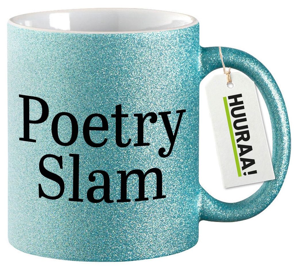 Huuraa Glitzertasse Poetry Slam Schriftzug 330ml Blau Keramik Kaffeebecher Geschenkidee