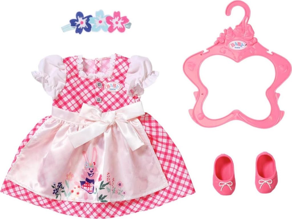 Zapf Creation 833896 BABY born Dirndl 43cm - Puppenoutfit für 43 cm große Puppen bestehend aus Kleid, Ballerinas, Haarband und Kleiderbügel