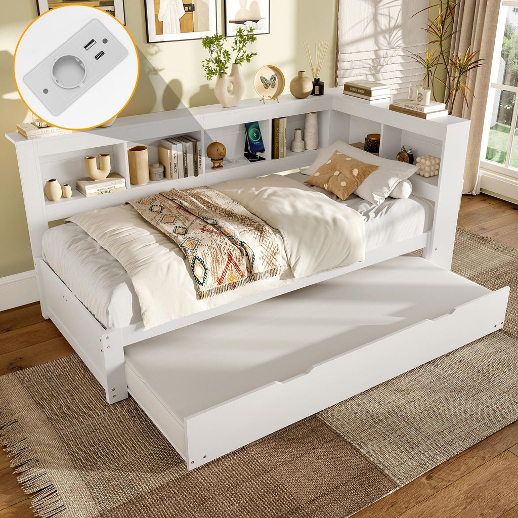 Flieks Holzbett Schlafsofa Tagesbett 90x200cm mit Ausziehbett, Jugendbett Kinderbett mit Ladefuntion (USB & Steckdose), Einzelbett Daybett, Weiß