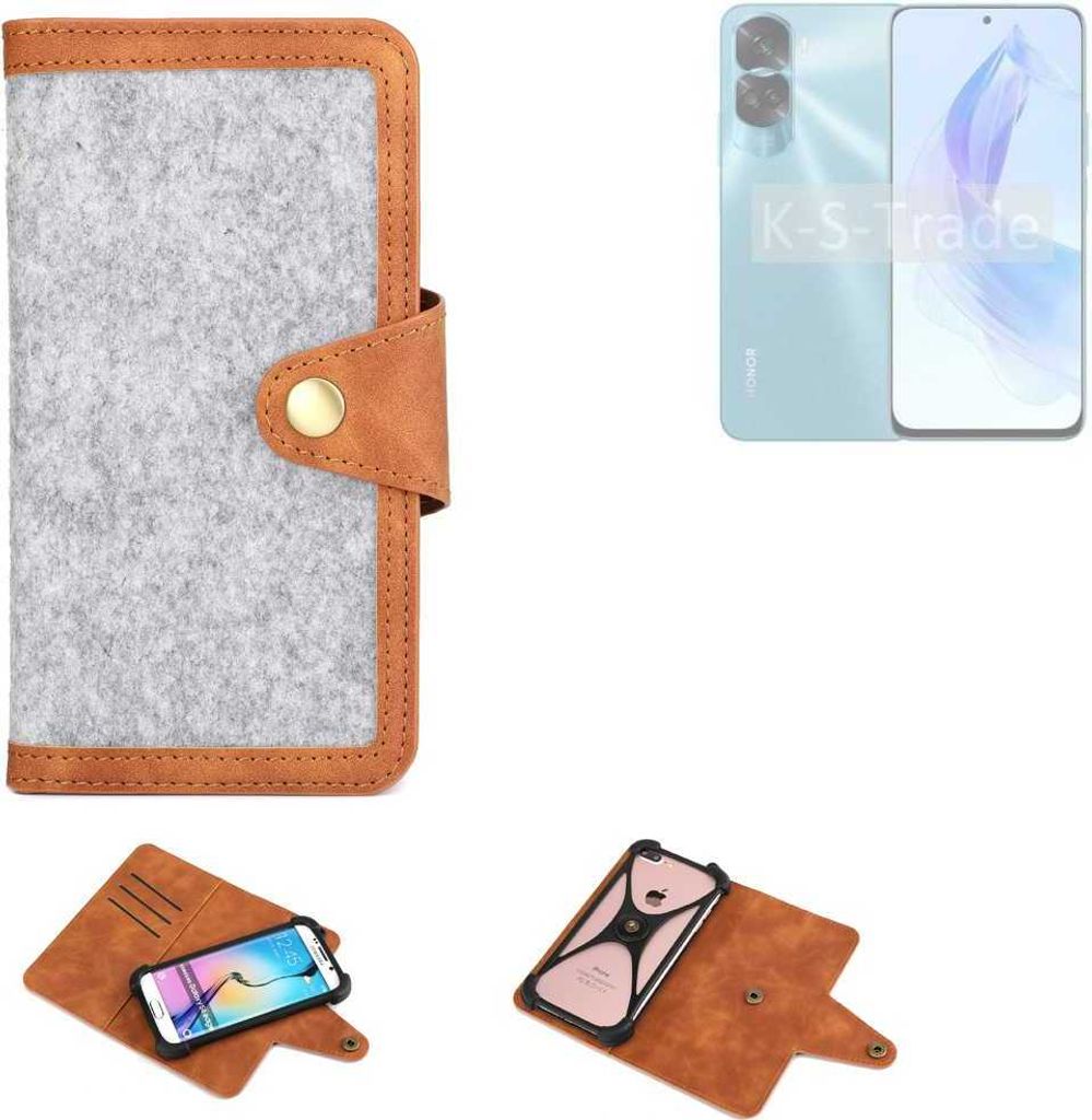 K-S-Trade Handyhülle kompatibel mit Honor 90 Lite Schutzhülle Filz-Hülle Kunst-Leder hellgrau braun (1x)