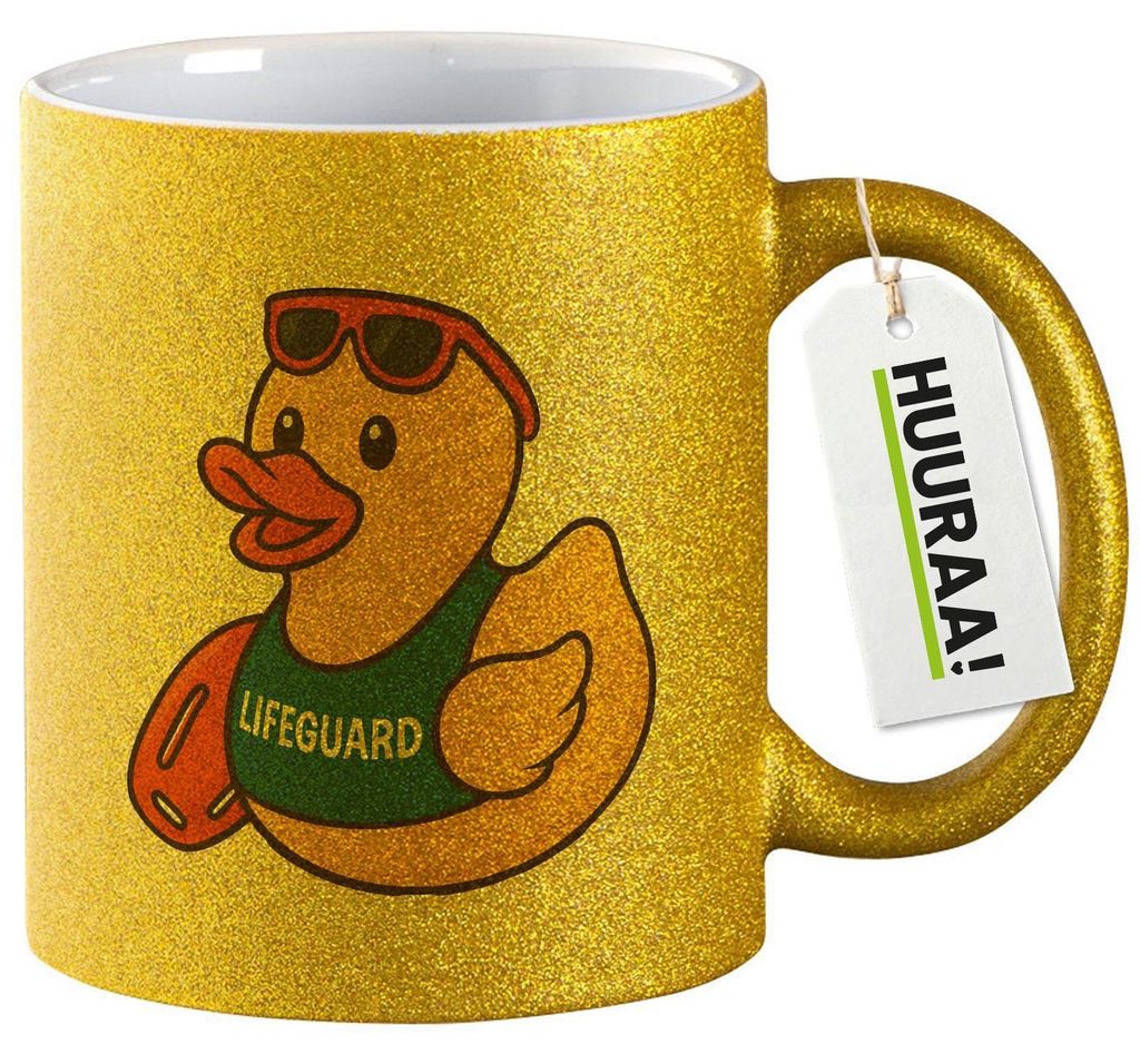 Huuraa Glitzertasse Quietscheente Bademeister Gummiente Rettungsschwimmer 330ml Gold Keramik Kaffeebecher Geschenkidee
