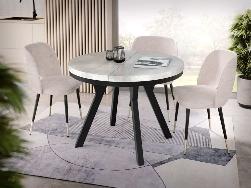 Designer Runder Ausziehbarer Esstisch - Loft-Stil, Industriell, Platzsparend - Schwarze Beine - 100 bis 150 cm - für 5-8 Personen - Hergestellt in...