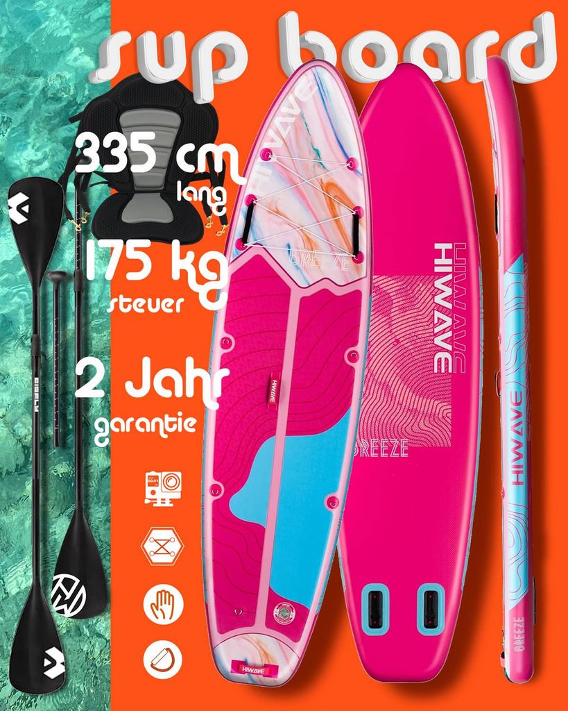 Komplettset, Kajak Touring SUP Board Set mit 7cm hohem stabilem Sitz, zweite 4-teiligem Paddel, HiWave — CA Breeze Kayak Kanu Boot 2 Personen Pad...