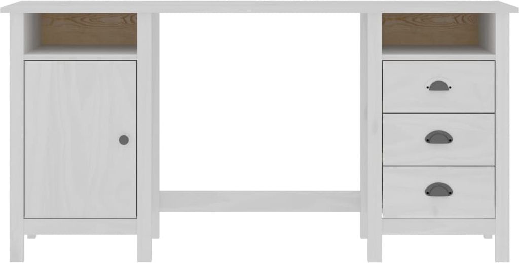 A white wooden desk with a cabinet on the left and drawers on the right, shown from the front against a white background.