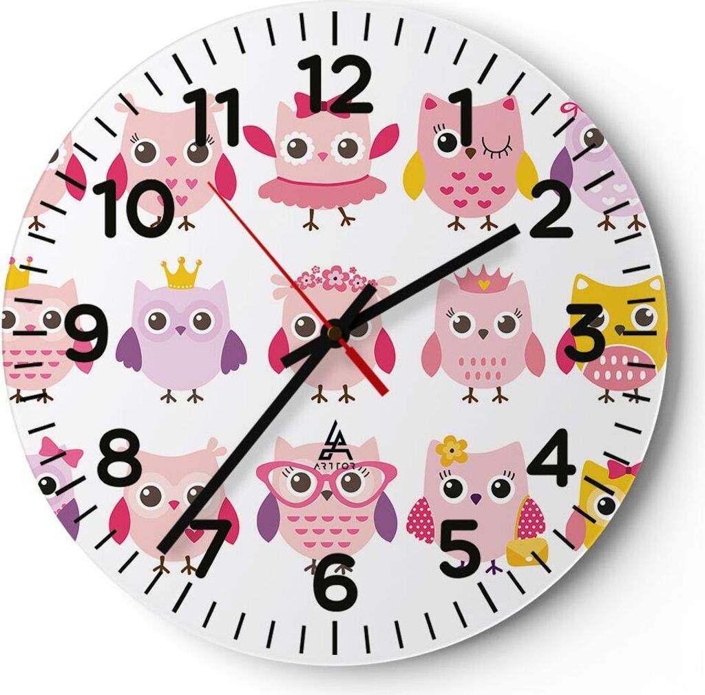 Wanduhr - Rund - Glasuhr - Eule süß spaß dekoration - 30x30cm - Schleichendes Uhrwerk - Lautlos - zum Aufhängen bereit - Dekoration Modern - Wa...