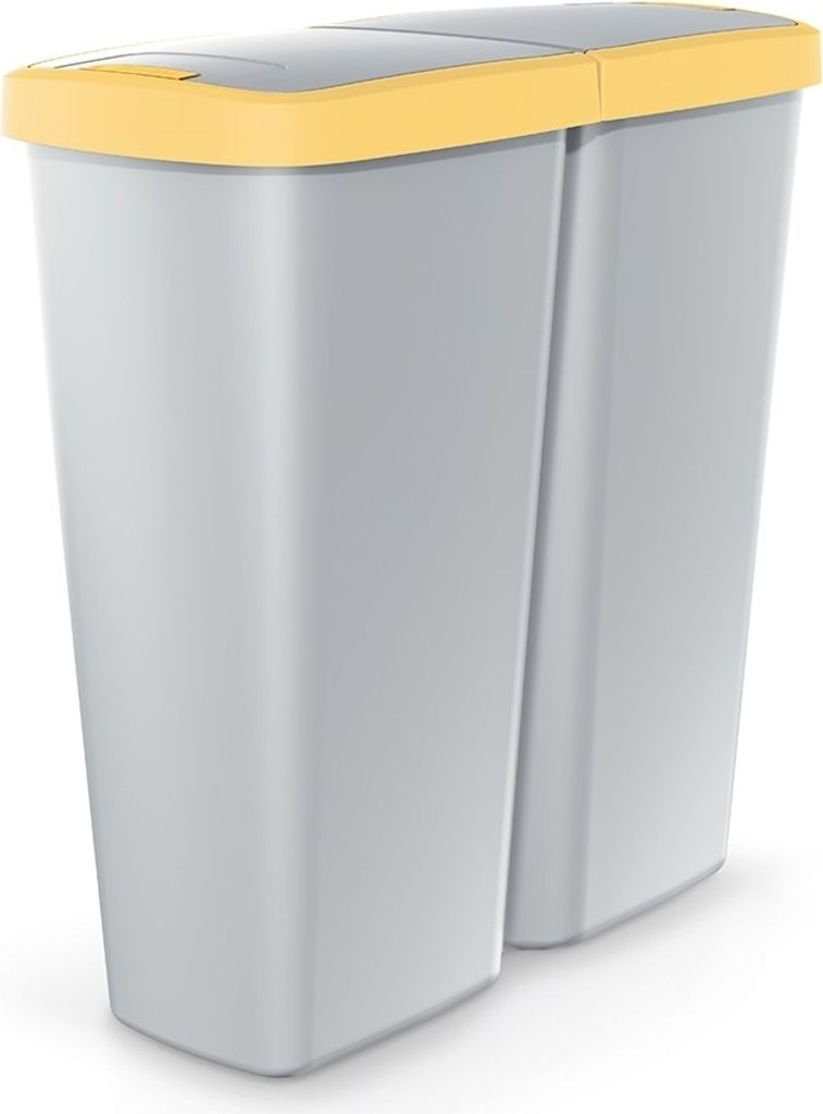 MONZANA Mülleimer Küche 50L 2 Fächer mit Deckel Druckknopf Abfalleimer Büro Papierkorb Biomüll Gelber Sack Mülltrennsystem Recycling Grau Gelb