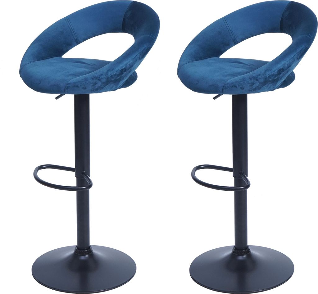 Two blue bar stools with black bases and stems, presented against a white background.