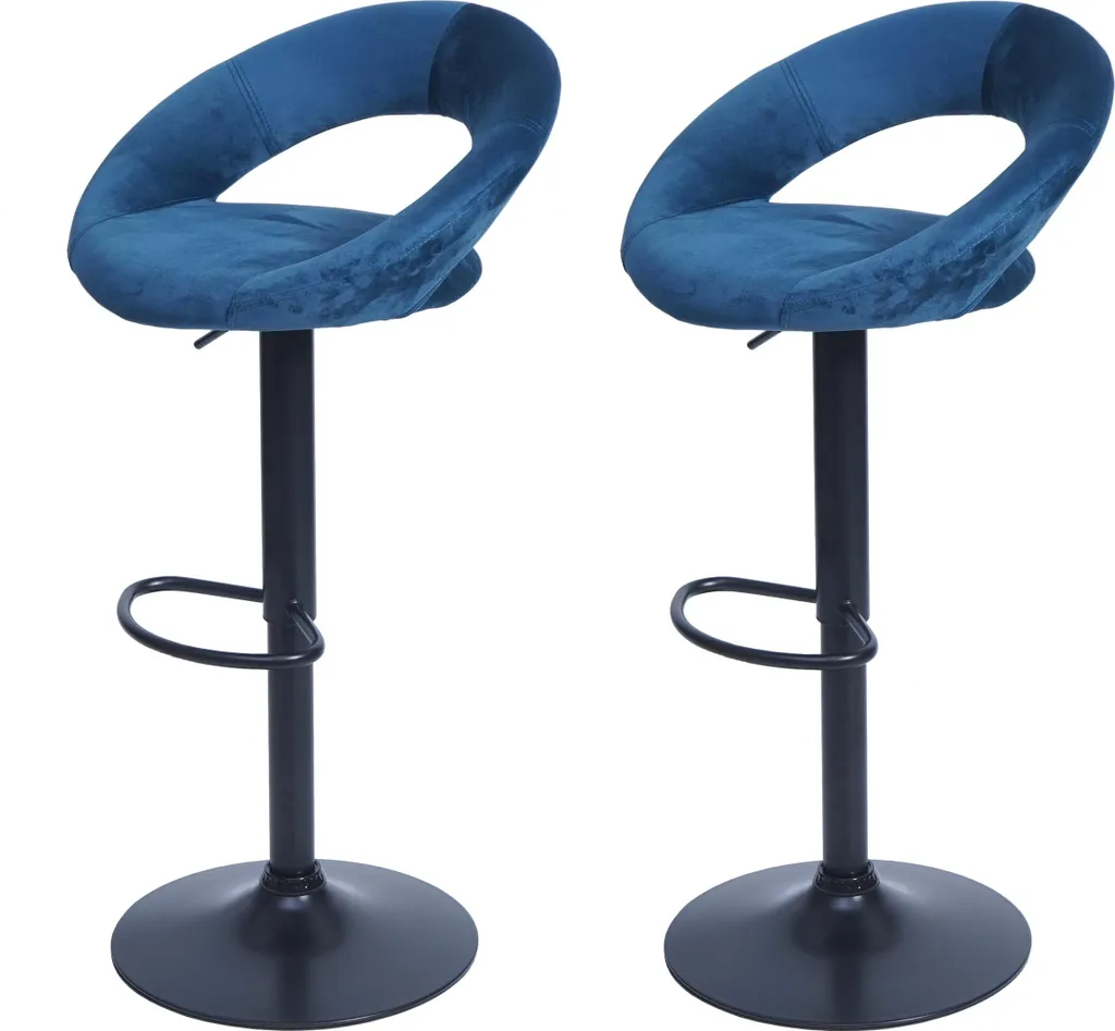 Lot de 2 tabourets de bar HWC-F46 en velours bleu pétrole et pied noir