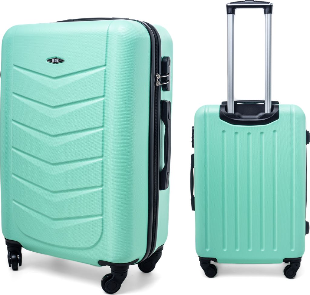 Two mint green suitcases on a white background. One is standing upright with its handle extended, and the other is shown from the side.