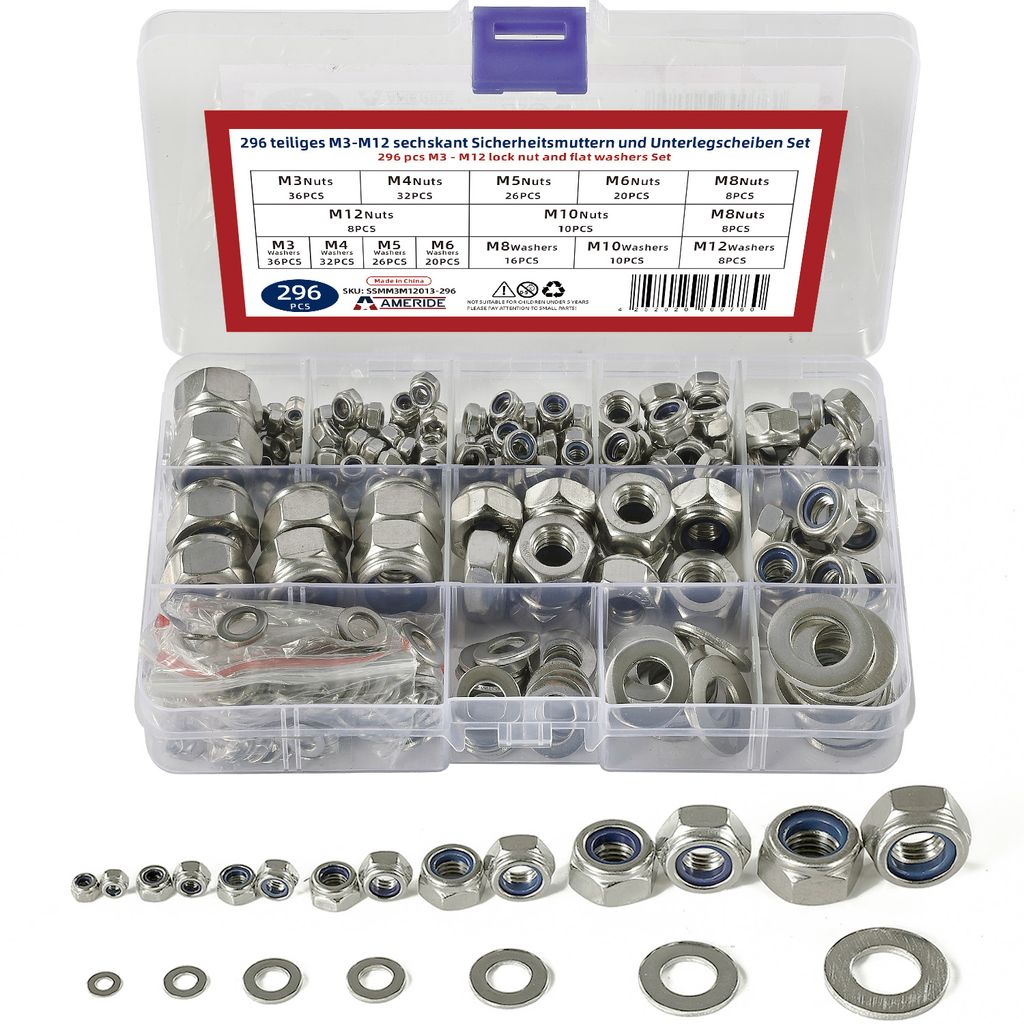 296 Stück M3-12 Sechskant Muttern und Unterlegscheiben Edelstahl Schrauben Set Silber