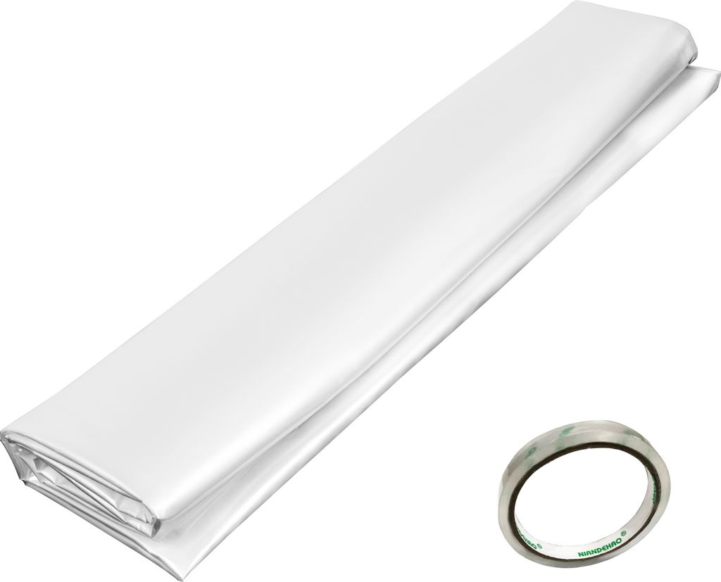 A roll of white greenhouse film and a roll of tape on a white background.