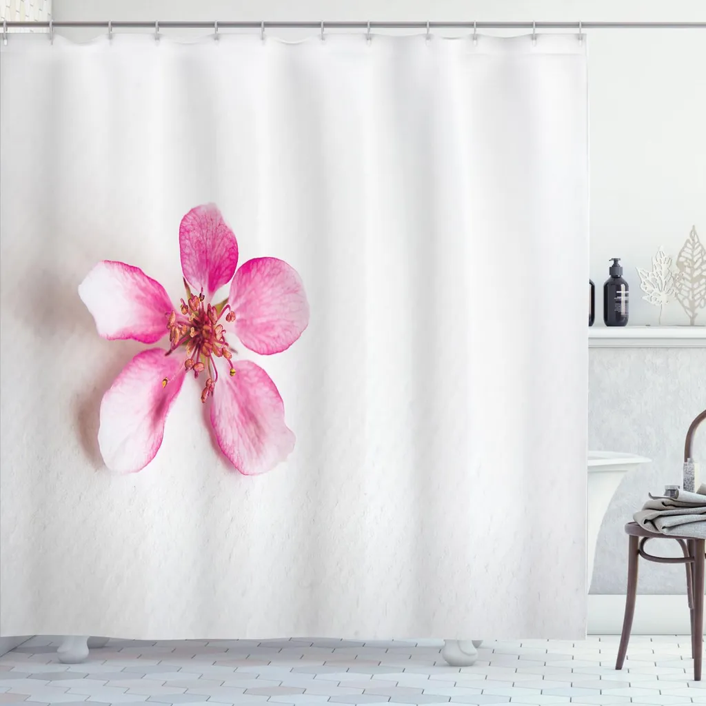 ABAKUHAUS Tenda da doccia con fiori di mandorlo, primo piano petali fogliame giapponese idillio amore tema primavera natura, 175 x 180 cm, rosa bianco