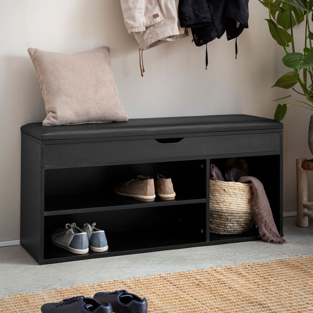 WOHNLING Schuhbank mit Sitzfläche Garderoben-Bank 104x51x32 cm Kunstleder Schwarz Holzbank Klein Gepolstert Sitzbank Schmal Flur mit Stauraum