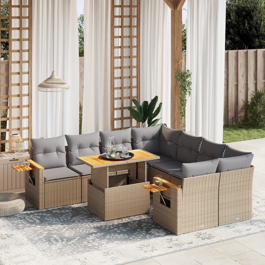 Design 9-tlg. Garten-Sofagarnitur mit Kissen Beige Poly Rattan, Gartenmöbel-Sets 2024 Neu