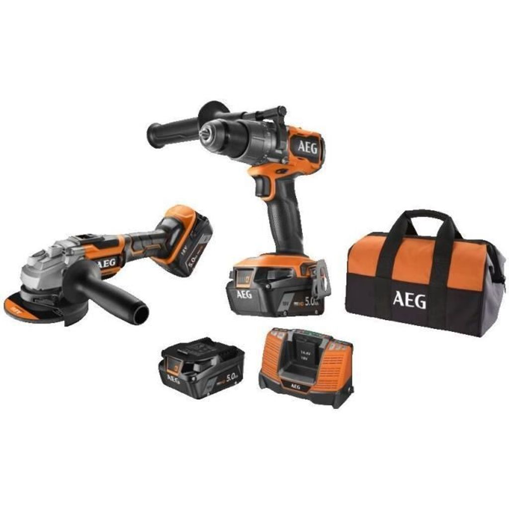 Packen Sie Schlagbohrmaschine + Locher + Schlagschrauber + 125-mm-Schleifer - AEG POWERTOOLS - 18 V - Batterien, Ladegerät und Tasche
