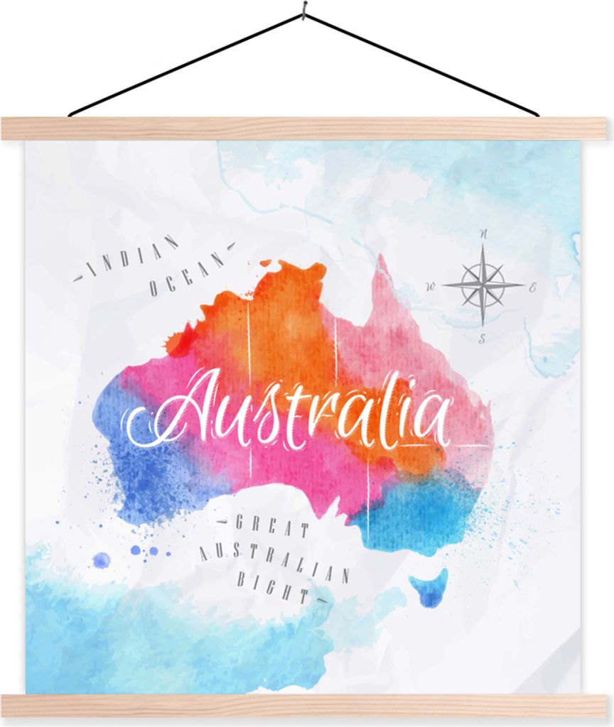MuchoWow Textilposter Ölgemälde - Weltkarte - Australien 60x60 cm mit holzfarbenen Rahmen - Wanddekoration