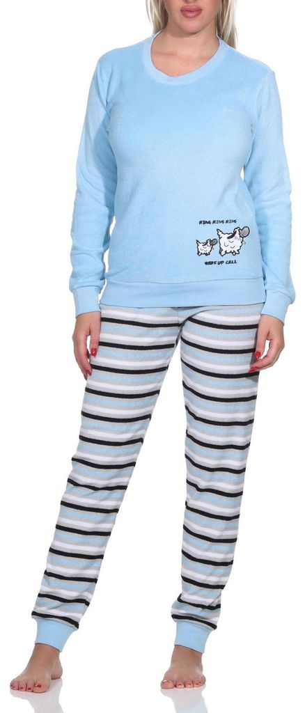 Damen Frottee Pyjama, Hose gestreift, Oberteil mit süssen Tiermotiv - auch in Übergrössen ; blau , 40