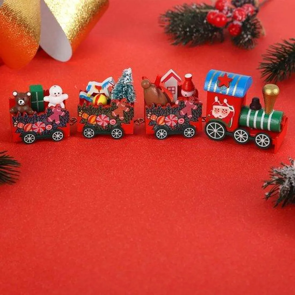 Décoration de Noël train en bois pour village et pied de sapin rouge