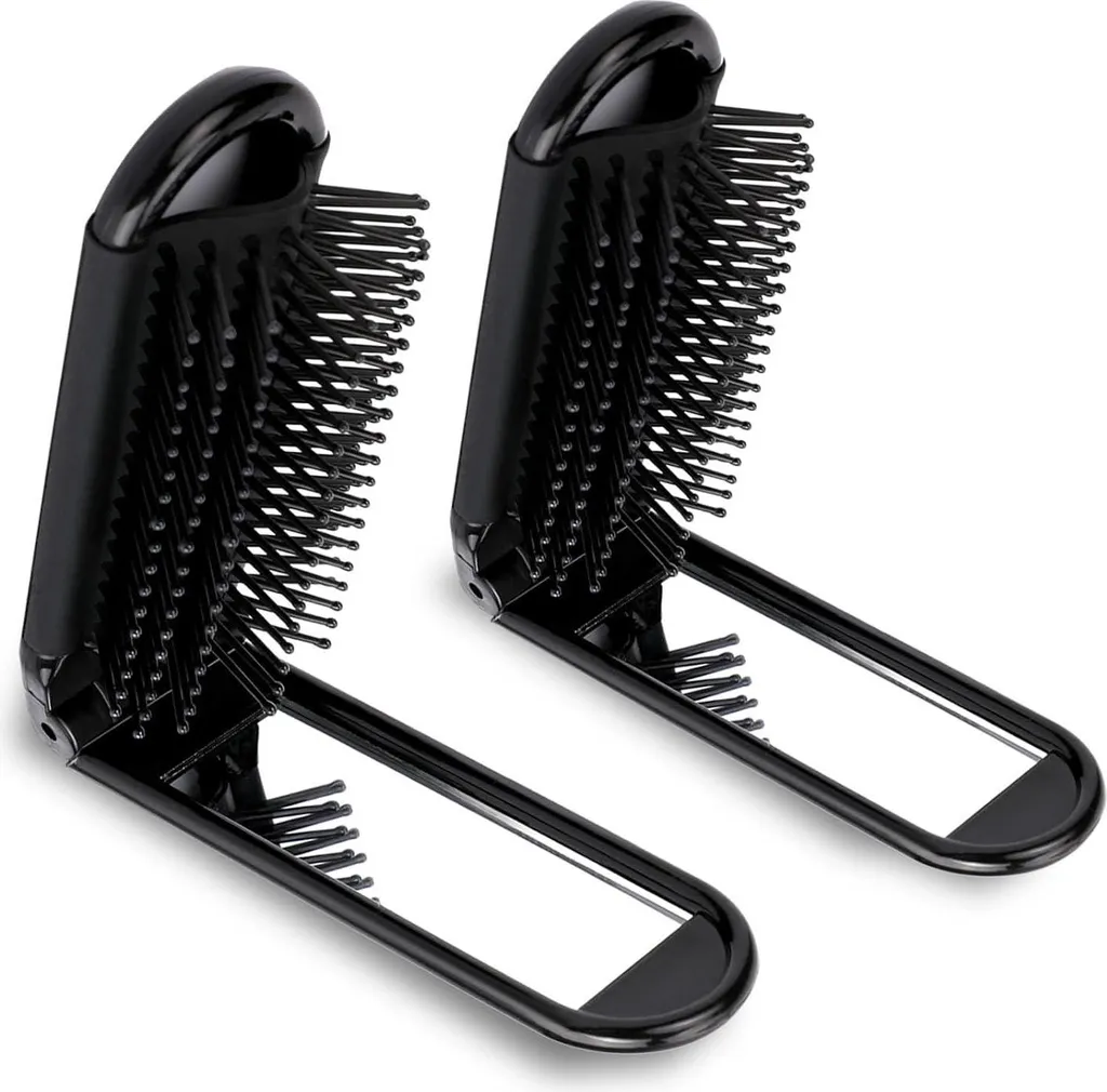 Brosse à cheveux pliable de poche noire avec miroir intégré en lot de 2