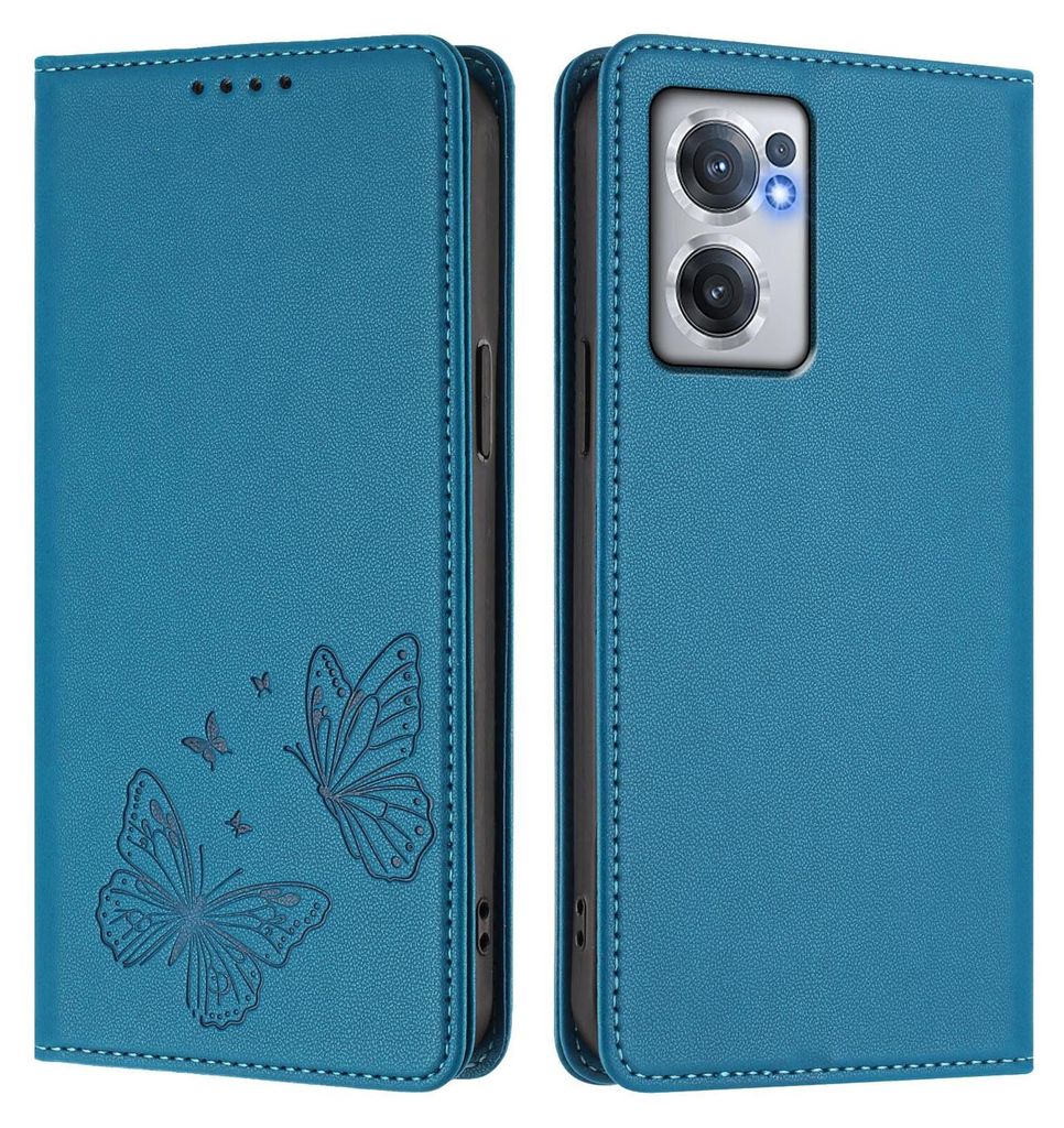 Lederhülle für OnePlus Nord CE 2 5G, Schmetterling Prägung Leder Brieftasche Schutzhülle mit Ständer Blau