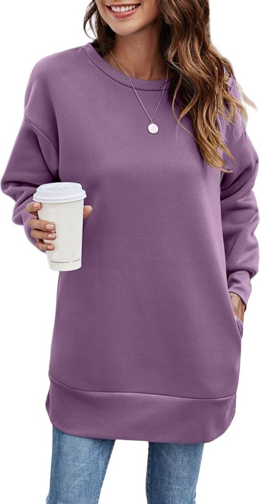 ASKSA Damen Rundhals Pullover Langarmshirt Oversize Oberteile Locker Casual Sweatshirt Tops, Lila, L
