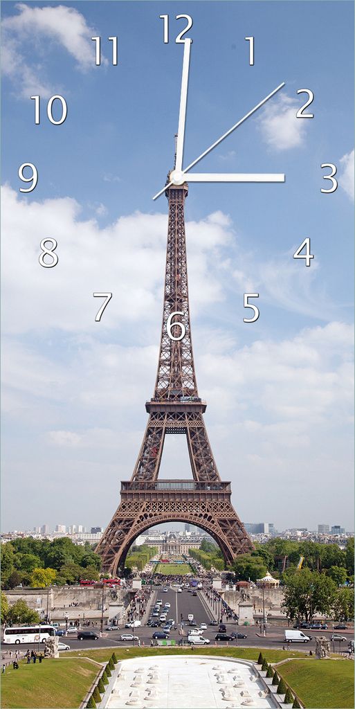 Wallario Design Wanduhr Eiffelturm in Paris aus Echtglas, Größe 30 x 60 cm