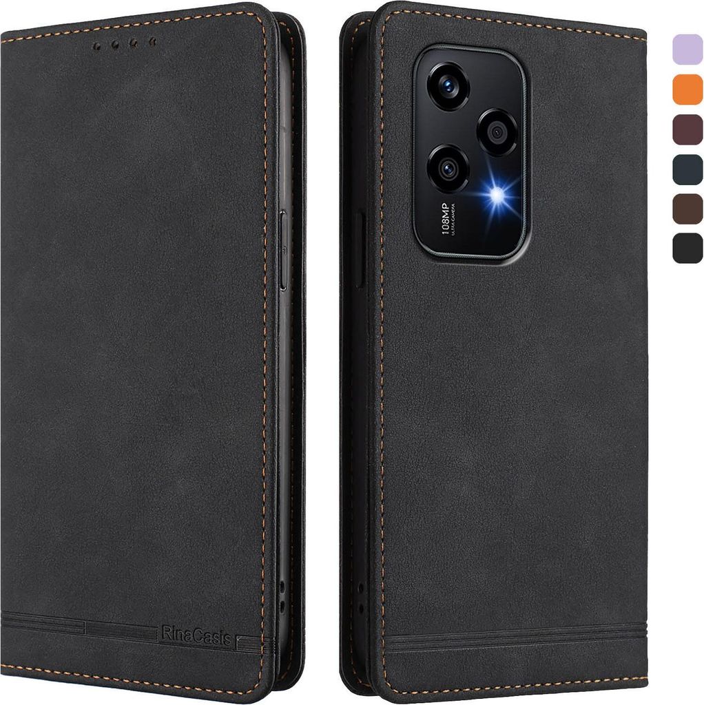 Hülle für Honor 200 Lite, Retro Kunstleder Ständer Klapphülle mit Kartenfächer und Magnetische Schwarz