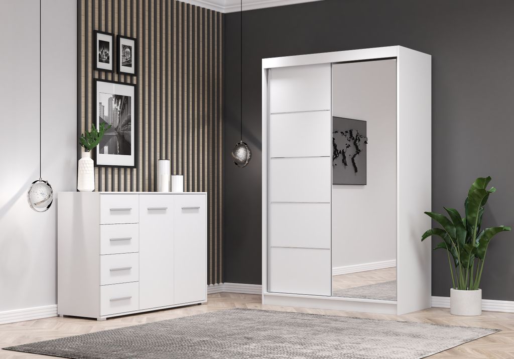 2er-Set Schwebetürenschrank Schrank Kleiderschrank mit Spiegel Weiß/Weiß 120cm Neomi 05 mit Kommode 135cm FRIDA 01