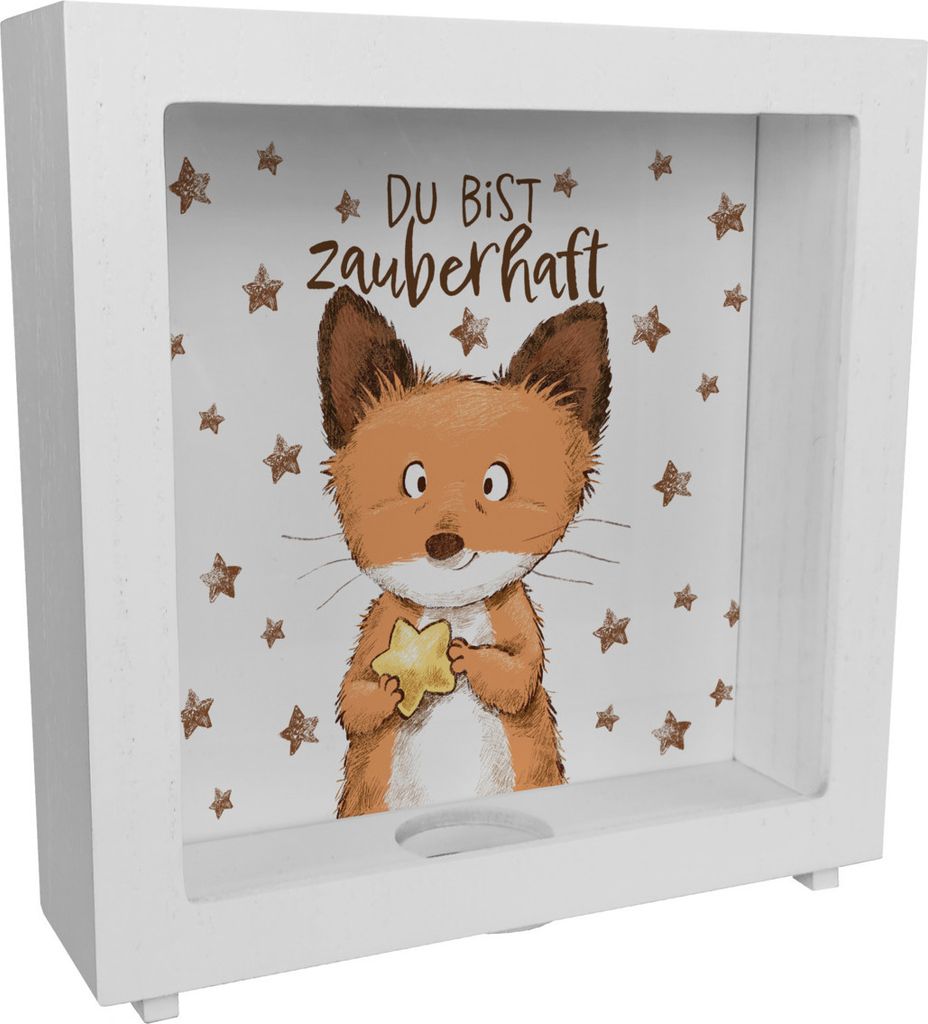 Du bist zauberhaft Rahmen Spardose aus Holz mit Fuchs im Aquarell-Stil und