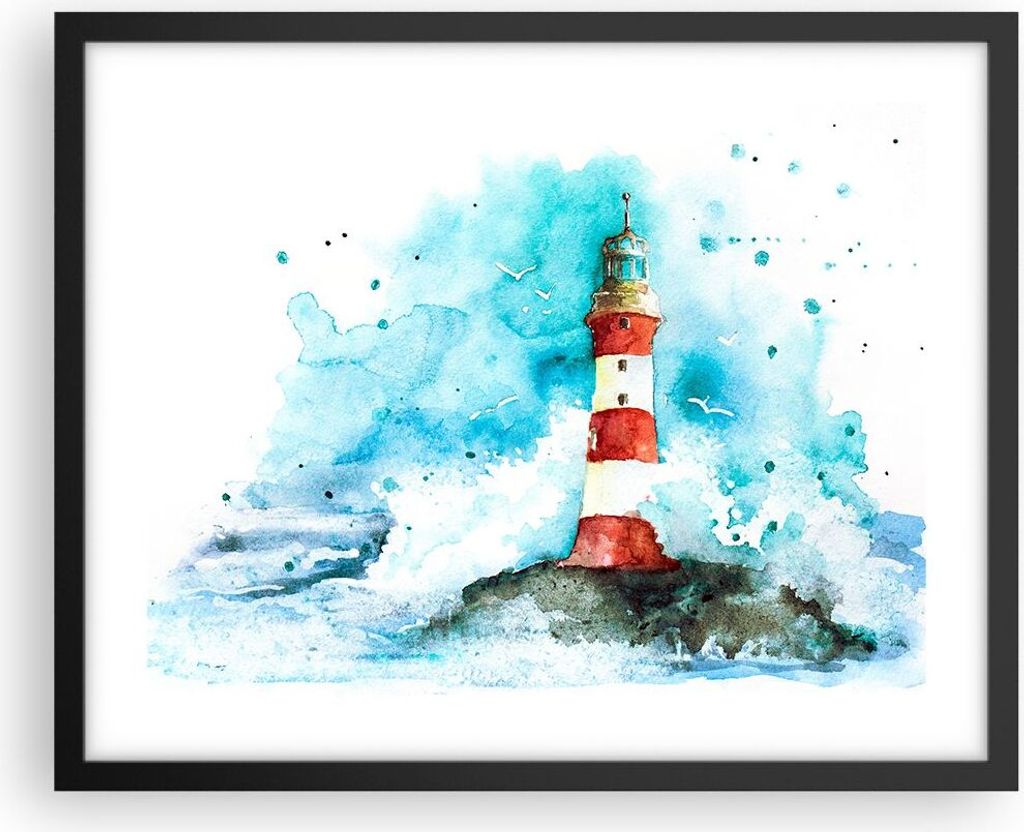 Gerahmtes Poster - Schwarzer Rahmen - Leuchtturm Wasser Illustration Welle - 50x40 cm - Wand Bild - Wanddeko - Wandbilder - Wandposter - Bilderrahm...