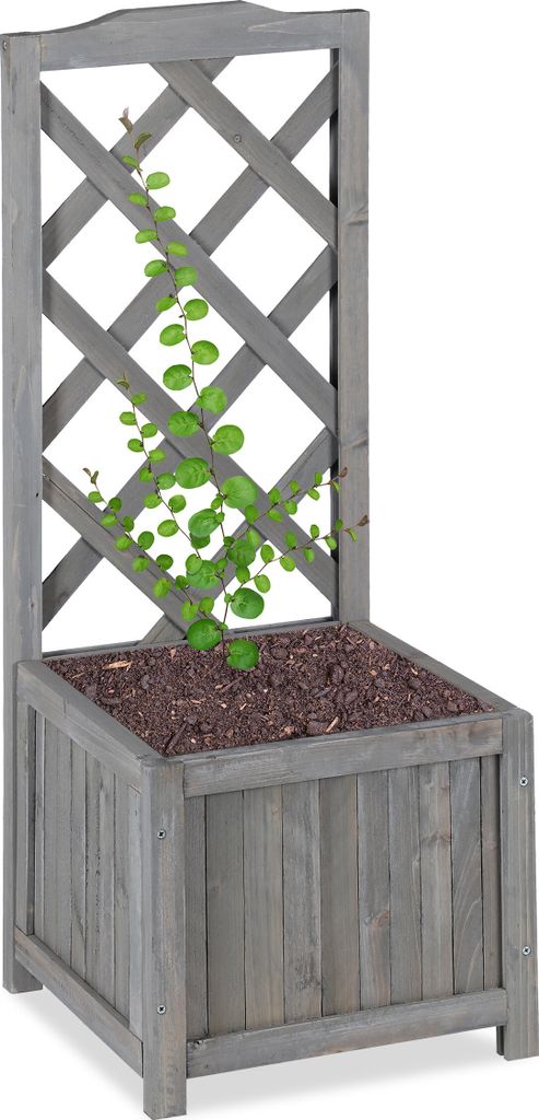 Relaxdays Rankkasten mit Rankgitter, wetterfest, Holz, f. Balkon, Garten, Rosen, Wein, 20 L Kübel, 90 cm Rankhilfe, grau