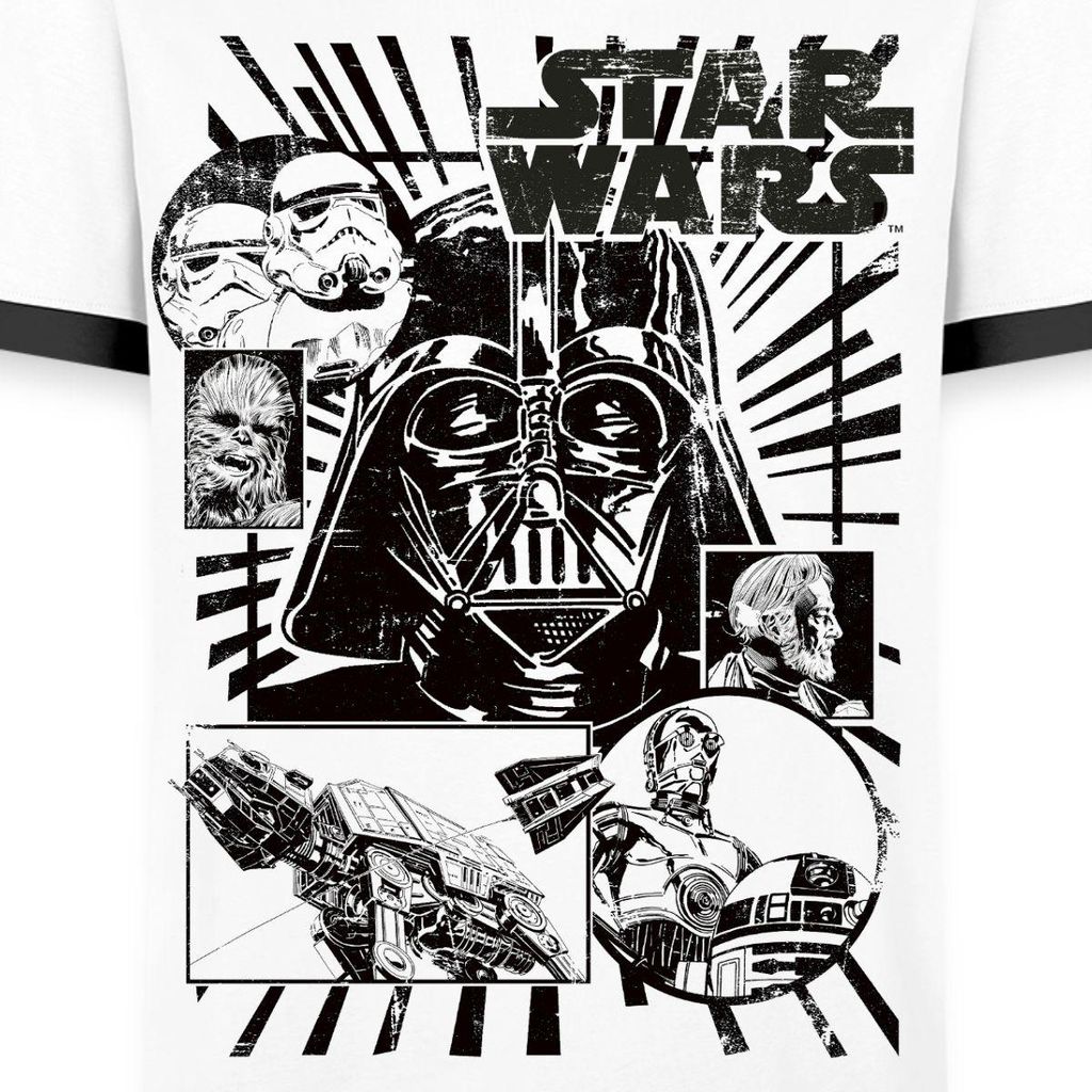 Star Wars Charaktere Darth Vader Chewbacca C3PO Männer Kontrast T-Shirt, S, Weiß/Schwarz
