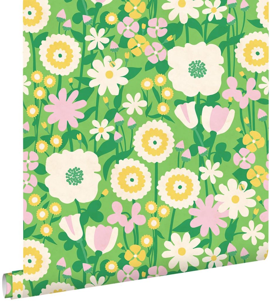 ESTAhome Tapete Retro Blumen Grün und Gelb 50 x 900 cm