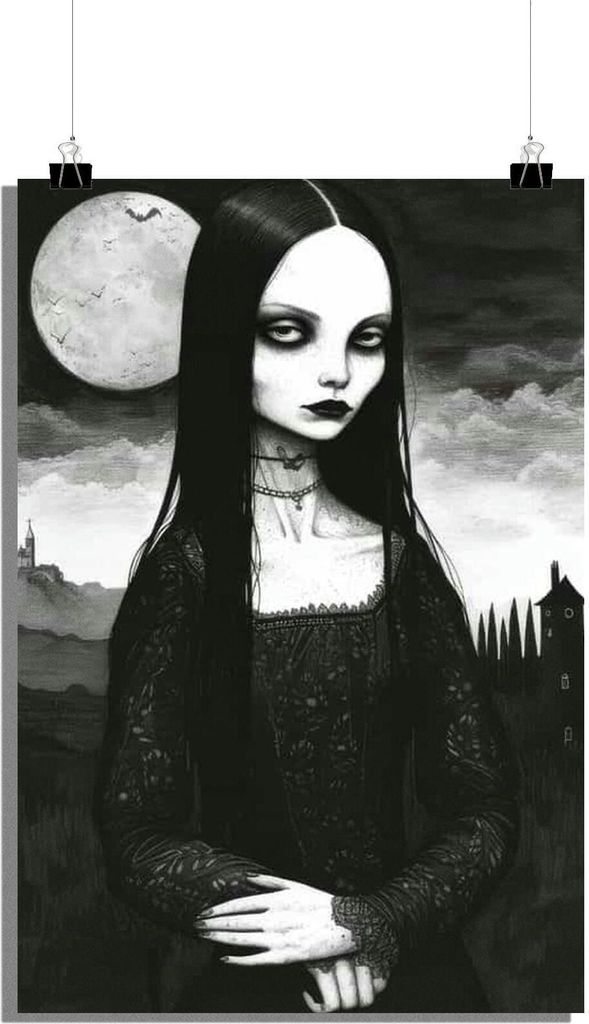 Halloween Poster - Frauen Poster - Gothic Poster - Schwarz-Weiß Poster - Zeichnung Poster - 51x71cm - Perfekt zum Einrahmen