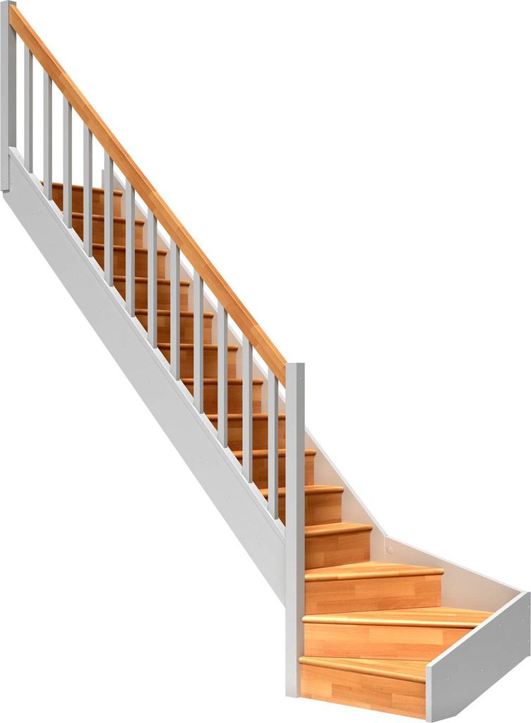 Dolle Raumspartreppe Paris mit Setzstufen Buche weiß Treppenlauf 1/4 gewendelt unten links Rechteckstäbe