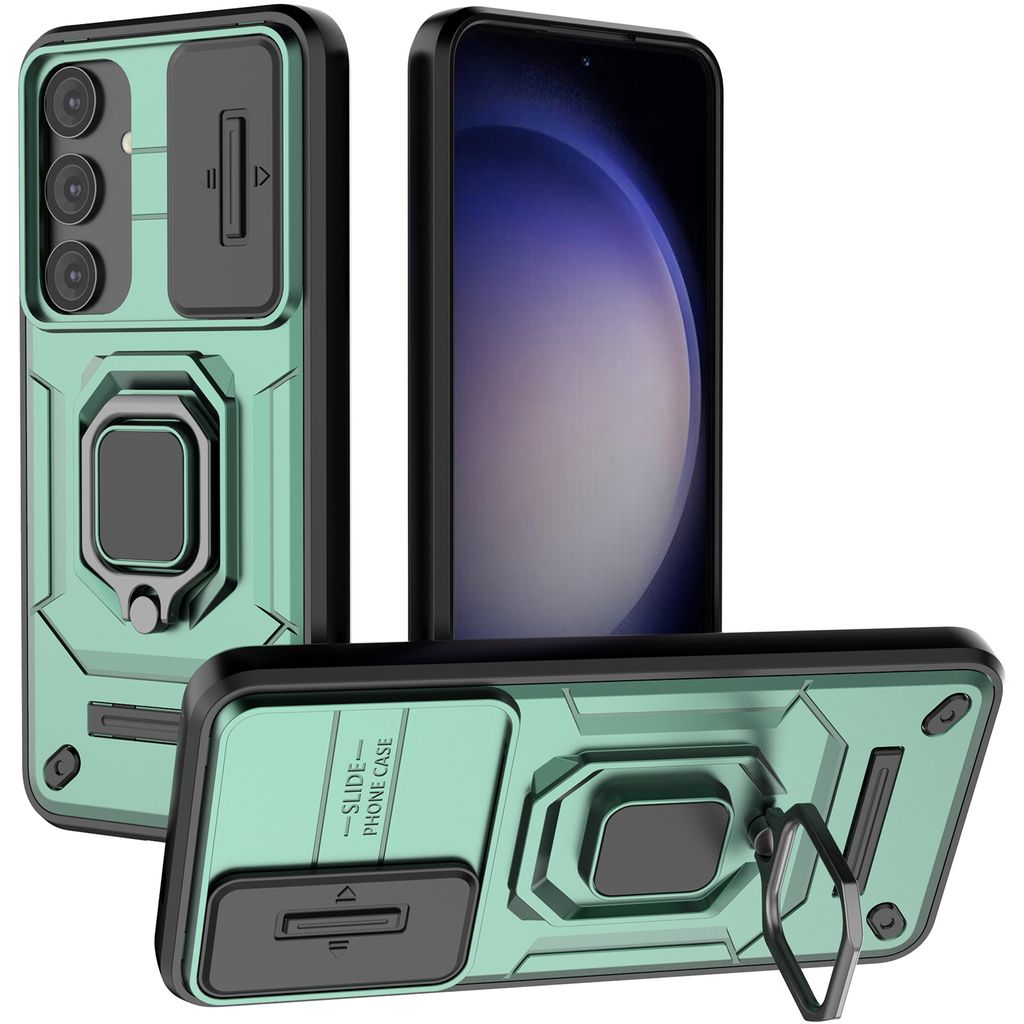 Hülle für Samsung Galaxy S24 Dual Layer Handyhülle Schiebe Kamera Schutz und Ringhalter Ständer Grün