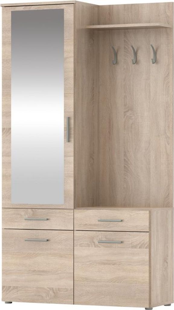 A freestanding wardrobe with a mirror and coat hooks.