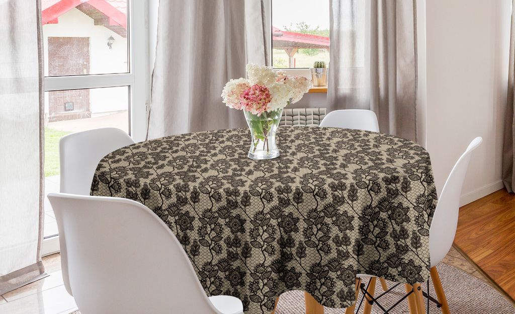 ABAKUHAUS Jahrgang Runde Tischdecke, Blumige Gekritzelblätter, Kreis Tischdecke Abdeckung für Esszimmer Küche Dekoration, 150 cm, Braunbeige