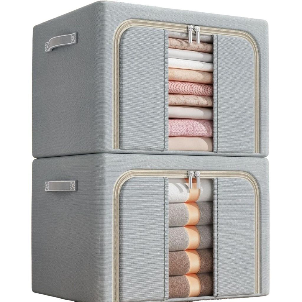 2er-Set Aufbewahrungsbox aus Oxford-Gewebe, wasserdicht, Faltbare, 100L, Fächer, für Kleidung & Schrank, Mit einem Sichtfenster, Hellgrau
