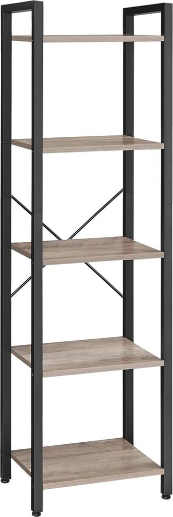 A tall, narrow, five-shelf bookshelf with a metal frame and wooden shelves, shown against a white background.