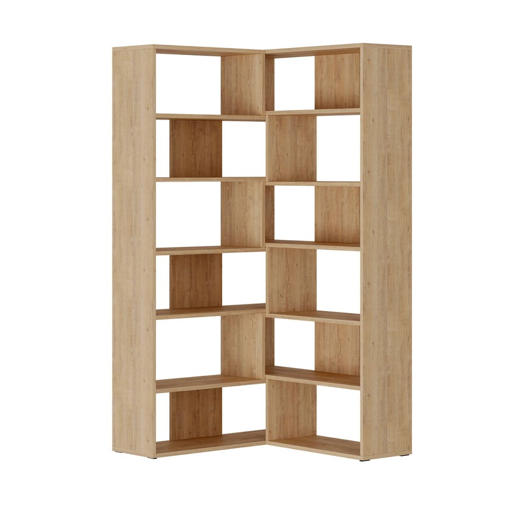 A corner bookshelf unit against a white background.