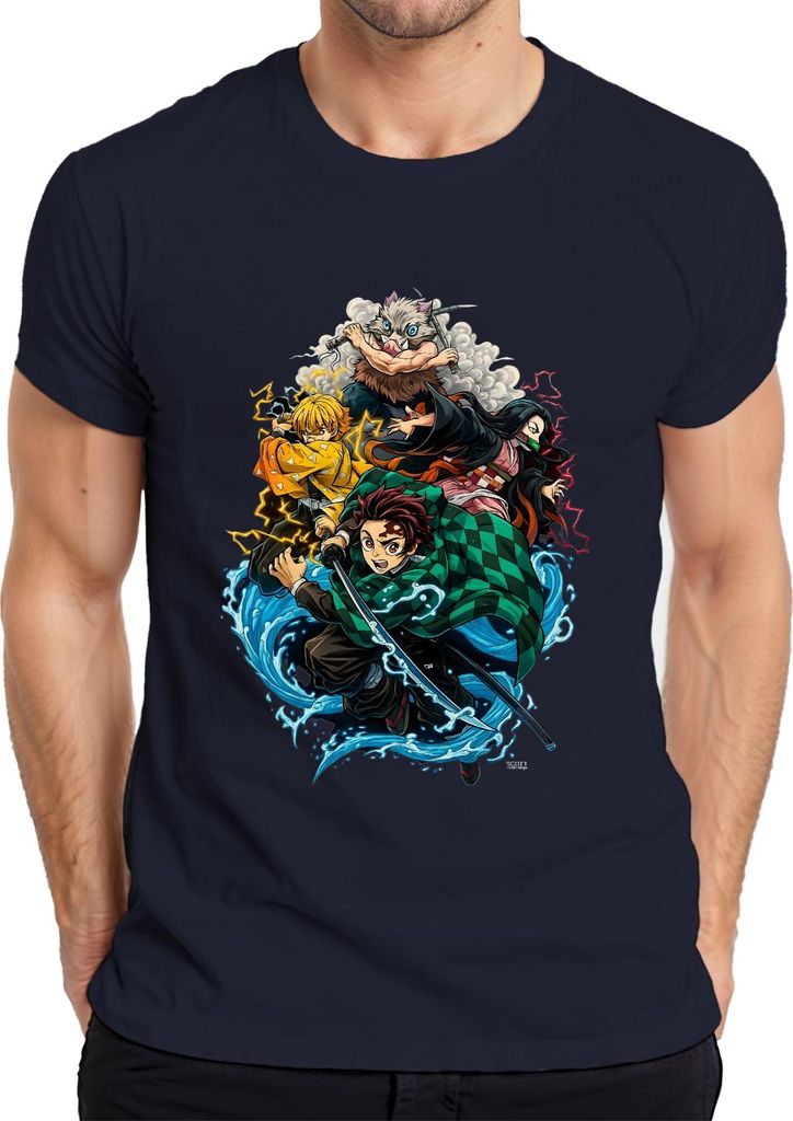 Demon Slayer Kimetsu no Yaiba Tanjiro Nezuko Zenitsu Fan Geschenk Herren T-Shirt, Navy, XL