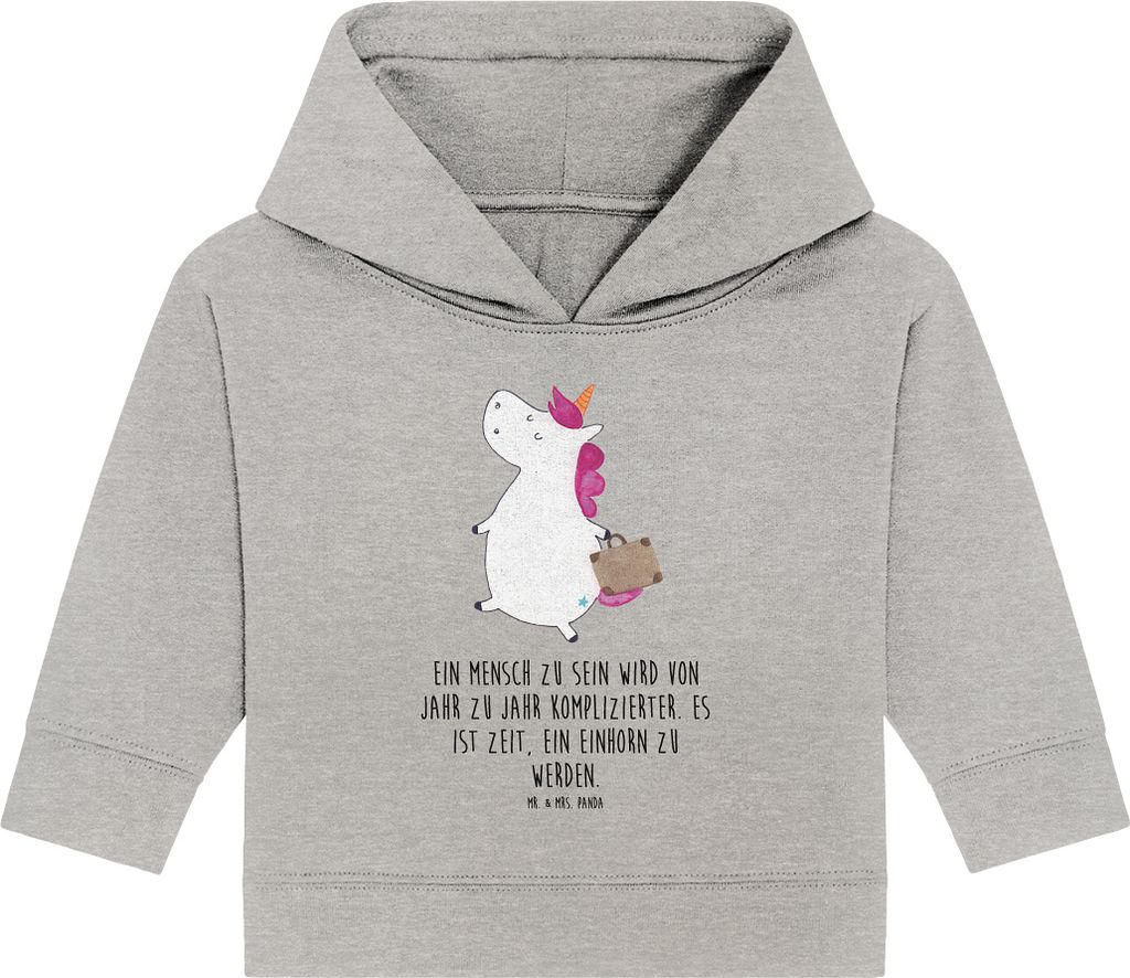 Mr. & Mrs. Panda Organic Baby Hoodie Einhorn Koffer 24. - 36. Monat - Heather Grey - Geschenk, Unicorn, Einhörner, Kapuzensweatshirt, Abenteuer, K...