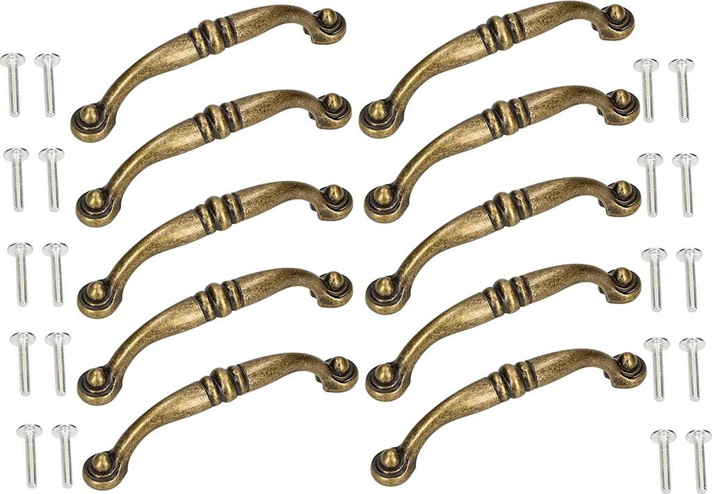A set of ten antique-style drawer pulls and their accompanying screws, arranged in two columns on a white background.