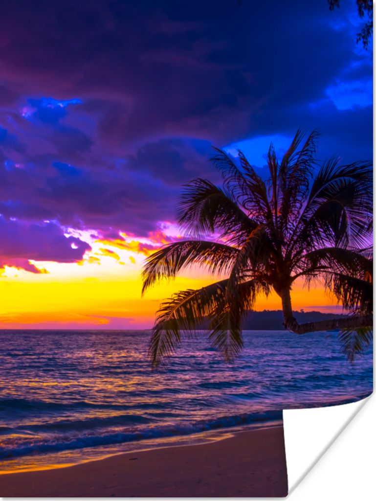 MuchoWow Poster Palme - Lila - Sonnenuntergang - Strand - Meer 30x40 cm - Wandplakat - Poster Kinderzimmer